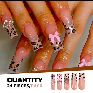 2/$15 💅3/$20 💅High Quality Press On nails Long Coffin Leopard Pink Bow